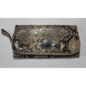 Brighton Snake Print Clutch Wallet Wristlet Zip Around Brown Beige Silver Accent